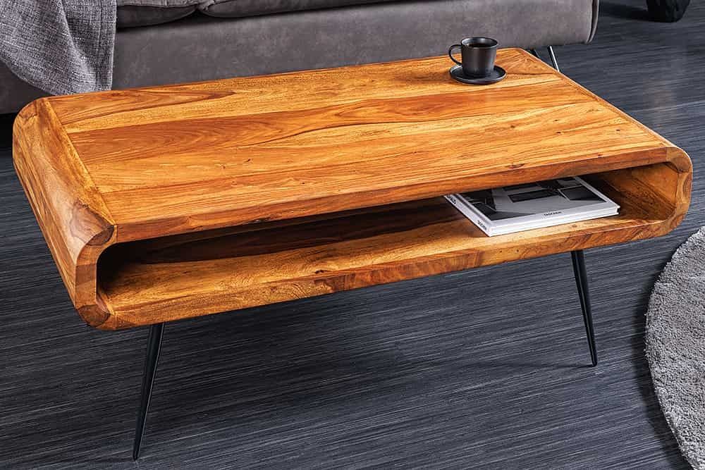 Massief Sheesham Salontafel ALPHA – 90 cm, bruine afwerking, metalen poten met opbergruimte