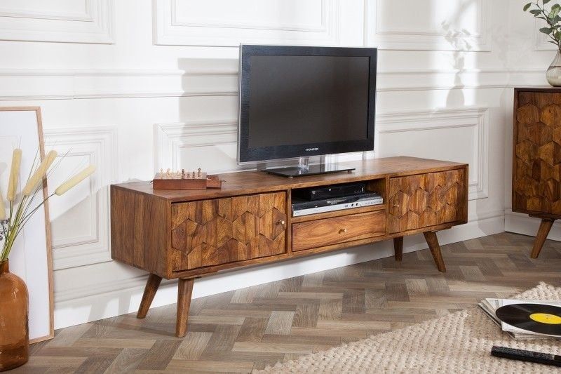 Massief TV‑bord Mystic Living 140 cm – Sheesham natuur met 3D‑oppervlak