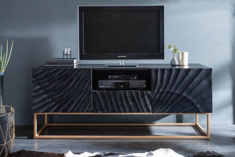 Massief tv‑lowboard Scorpion 160 cm – Zwart mangohout met 3D‑snijwerken
