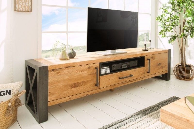 Massief TV‑meubel THOR 200 cm – Wild eiken, geolied lowboard in industrieel design | Invicta Interior