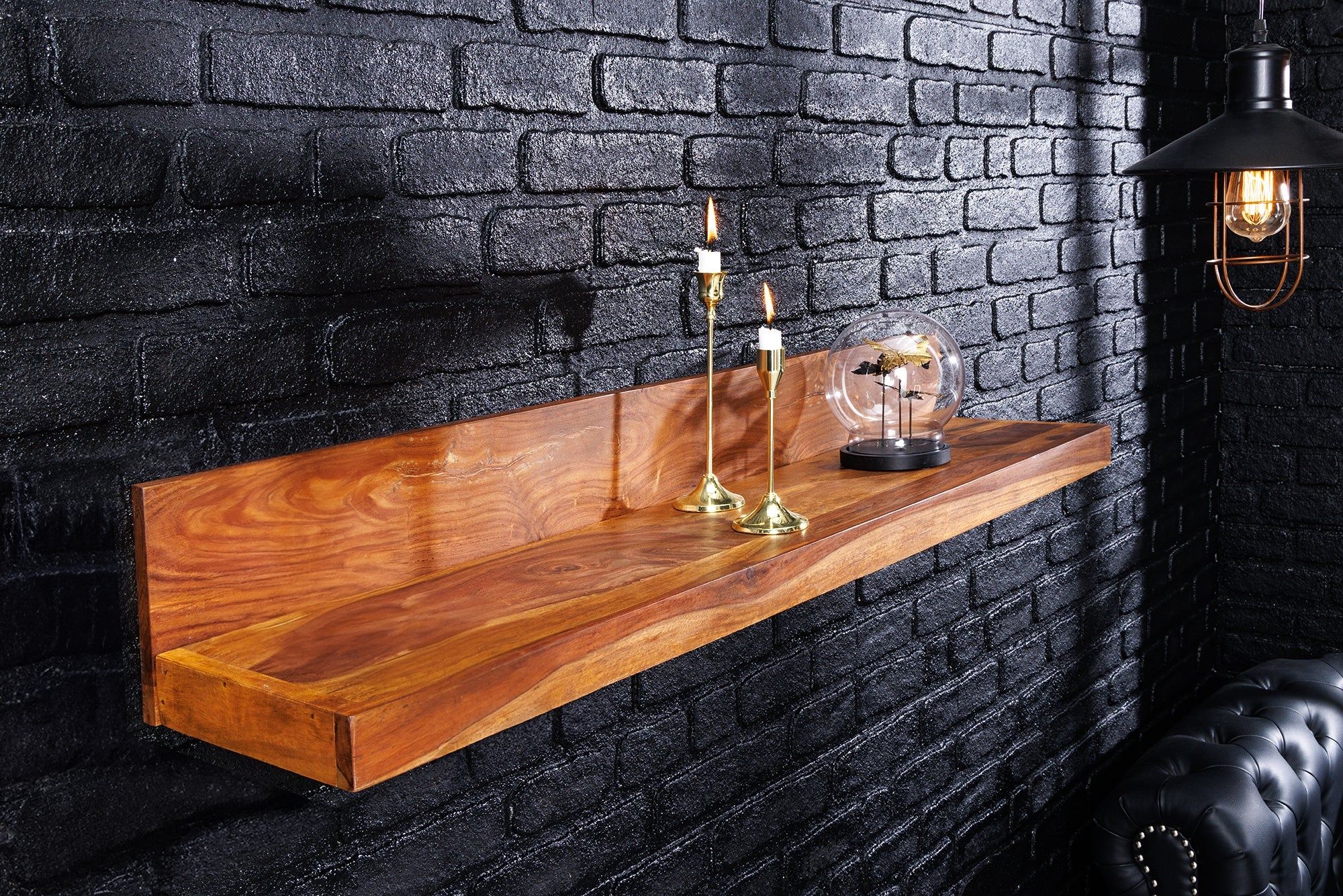 Massief Wandregal MAKASSAR – 80 cm handgemaakt Sheesham met stone finish