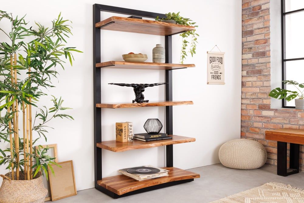 Massieve acaciazwarte boekenkast MAMMUT – 5‑plankig, 178 cm, Invicta Interior
