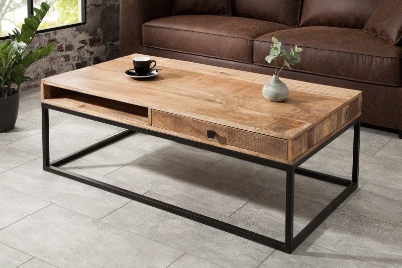Massieve Mangohouten Salontafel IRON CRAFT – 100 cm met Lade