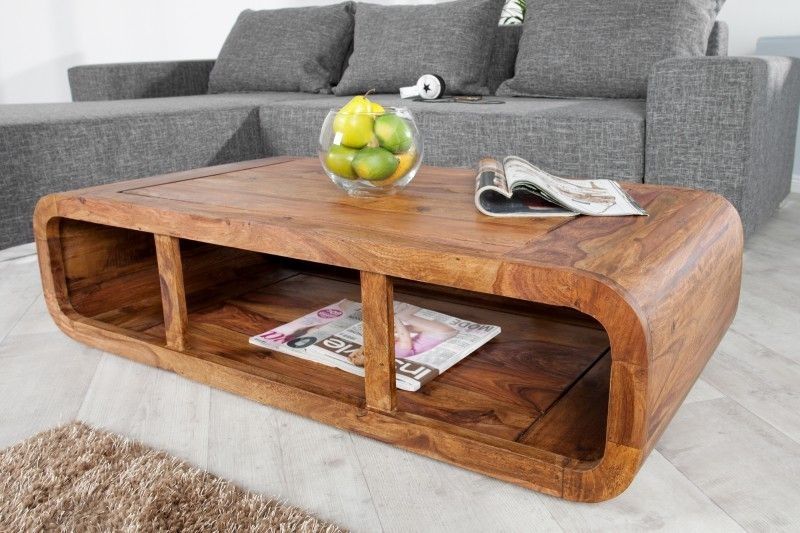 Massieve salontafel GEBOGEN 100 cm – Sheeshamhouten TV‑lowboard met steenafwerking