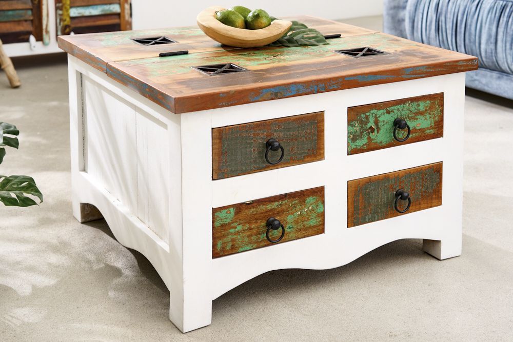 Massieve Salontafel Jakarta – 70 cm, mangowit & kleurrijk, van gerecycled vissersbotenhout