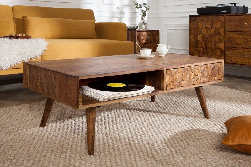 Massieve Salontafel Mystic Living – 100 cm Sheesham Natuur met 3D‑Oppervlak