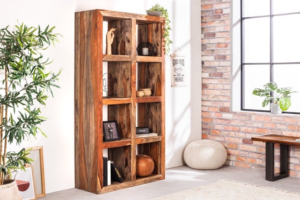 Massieve Sheeshamhouten Open Kast MAKASSAR – 180 cm, Handgemaakt, 8 Vakken