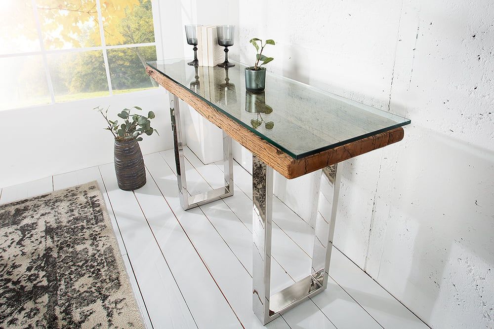 Massieve teak console BARRACUDA 120 cm met elegante stalen sledepoten – Invicta Interior