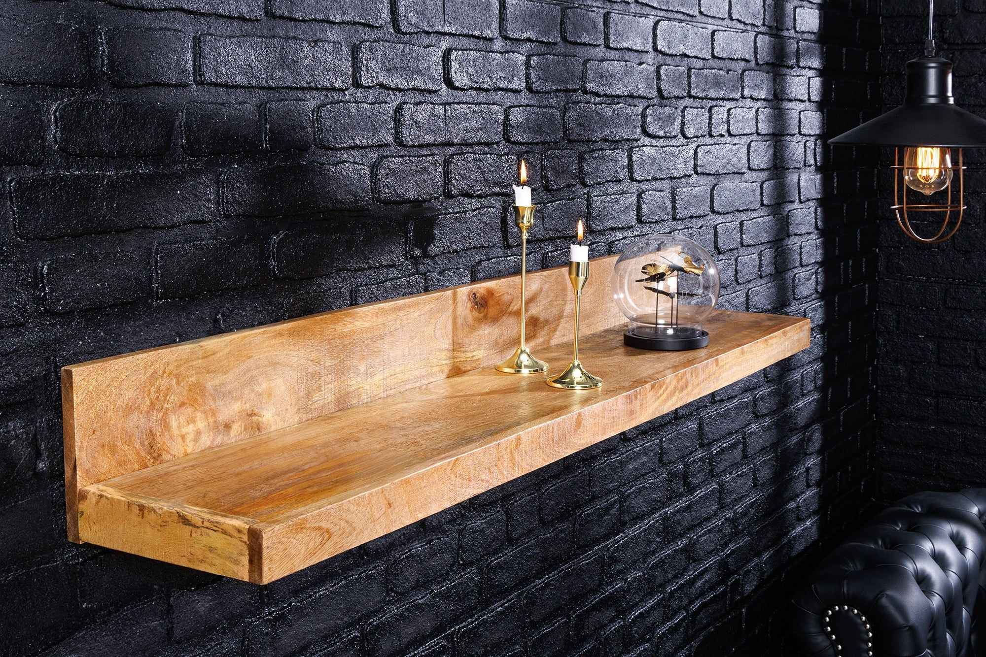 Massieve Wandplank 80 cm Naturaal Mangohout – Handgemaakt – Invicta Interior