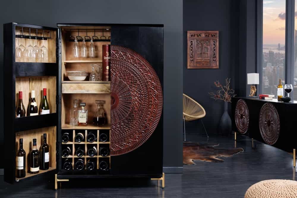 Massieve XXL barkast MANDALA – 140 cm mangohout met zwart‑goud metalen frame