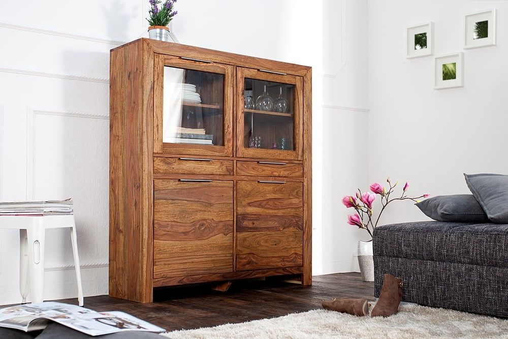 Massives Highboard PURE 140 cm – Luxe Vitrine van Sheesham & Palisander