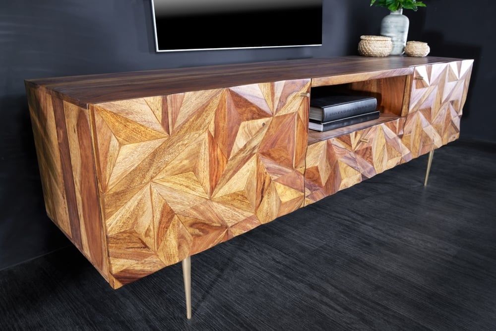 Massives TV‑Board Alpine 160 cm – Natuurlijke Sheesham met Mat Gouden Metaal