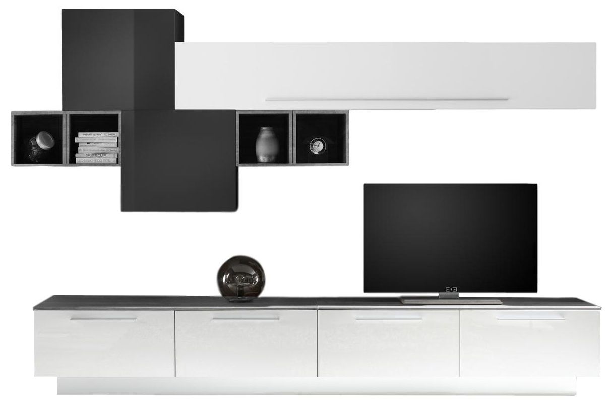 Matiz TV‑wandmeubel set – Hoogglans wit & grijs beton, 9‑modulaire opslagoplossing