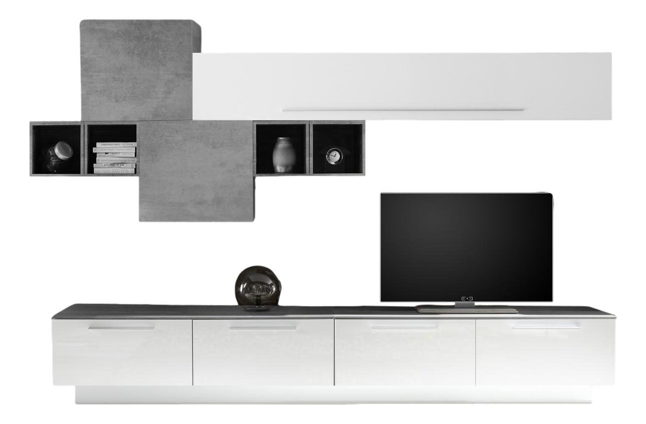 Matiz TV‑wandmeubel set in hoogglans wit met grijs beton – stijlvolle en functionele woonkameroplossing