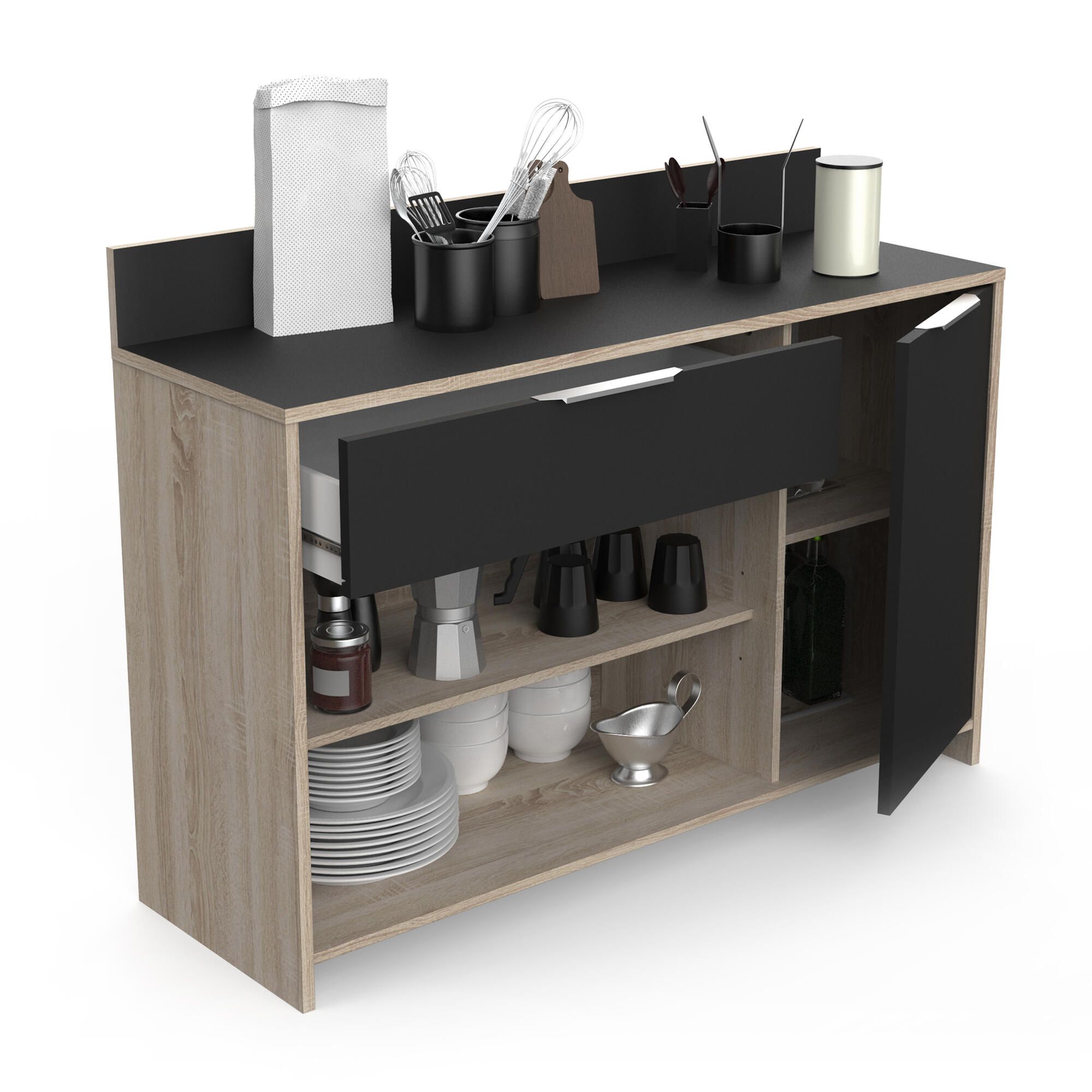 Mika keukenkast 123 cm – industriële eiken‑zwarte combinatie