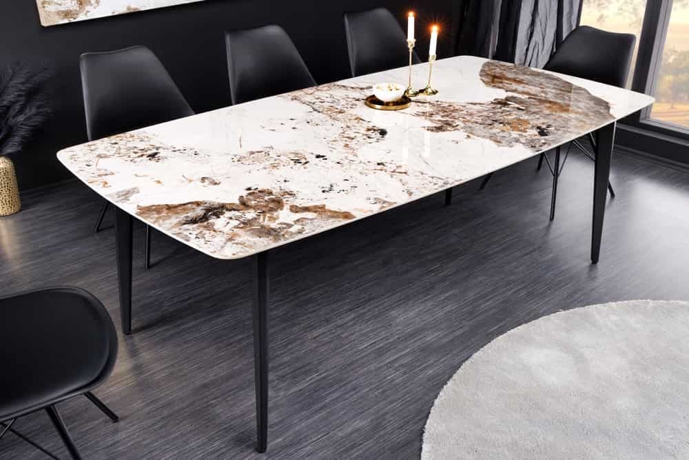 Milano eettafel 180 cm – modern wit keramiek met zwart metalen onderstel