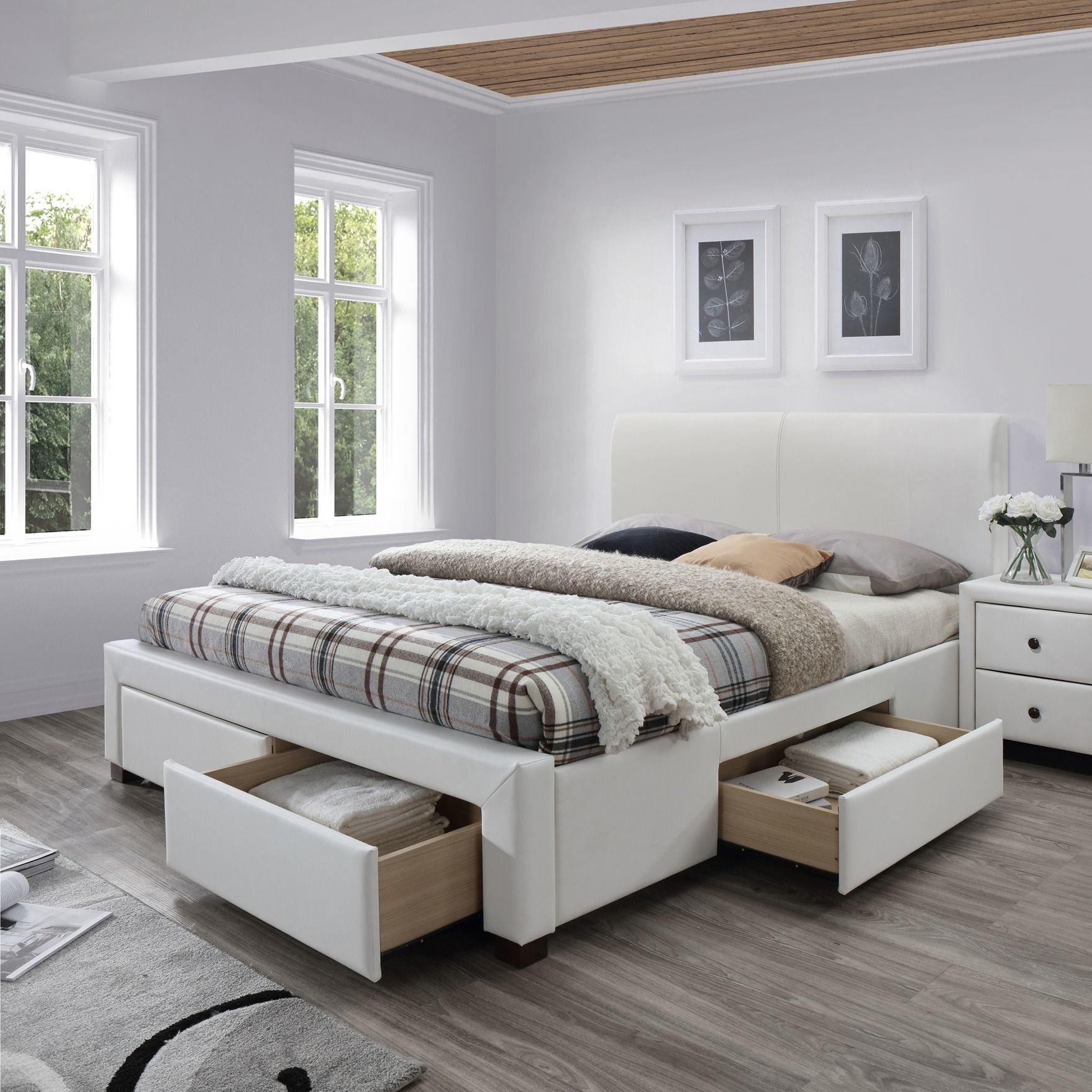 Modena Tweepersoonsbed 160×200 cm – Strak wit design met eco‑leer en massief houten basis