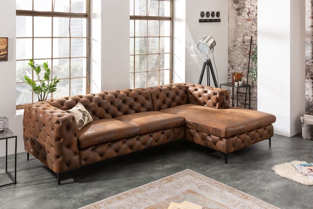Modern Barok Chesterfield Hoekbank – Luxe en Comfort in Antiek Bruin