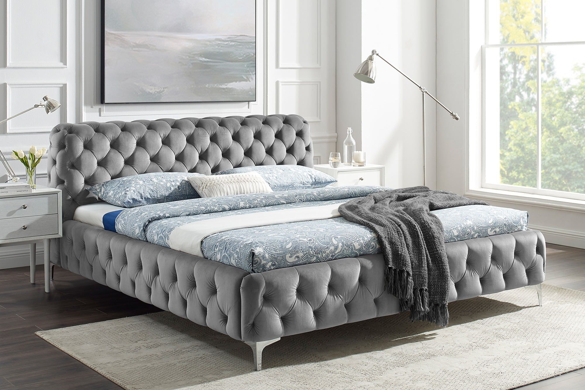 Modern Barok Chesterfield tweepersoonsbed – grijs fluweel 160×200 cm | Invicta Interior