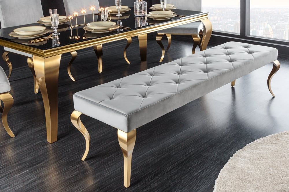 Modern Barok designbank 175 cm – grijs fluweel met gouden accenten