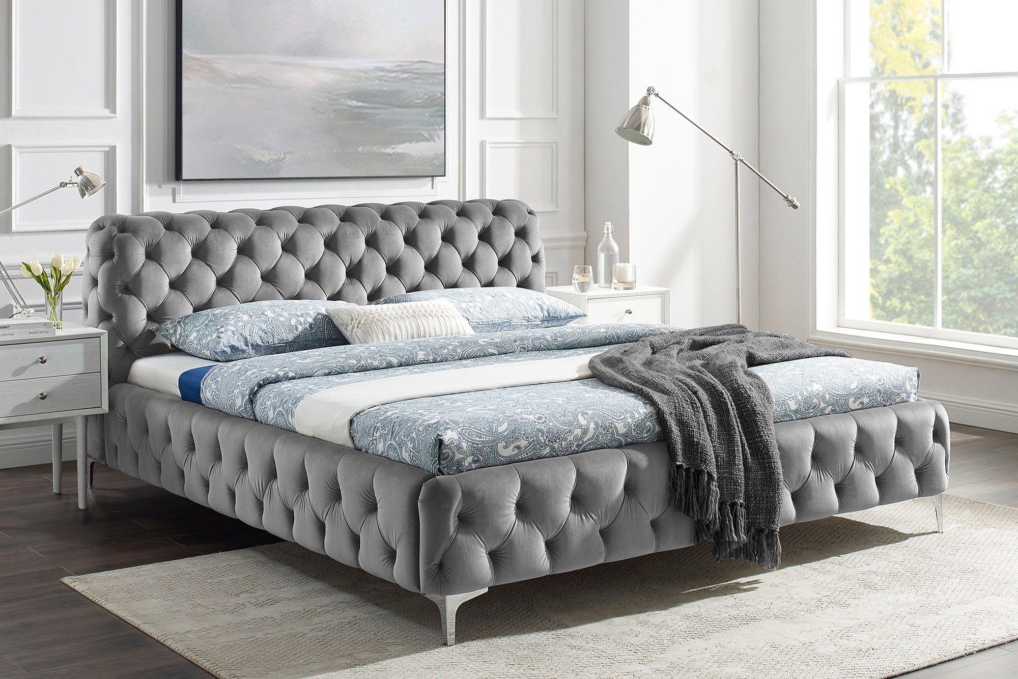 Modern Barok tweepersoonsbed Chesterfield – Grijs fluweel 180×200 cm