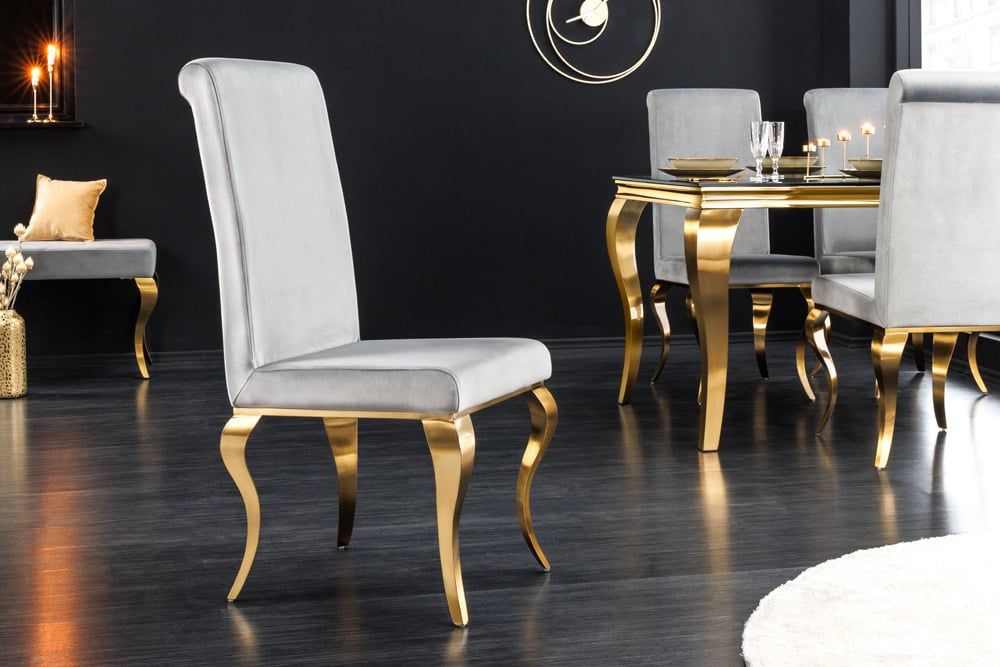 Modern Baroque eetkamerstoel in grijs fluweel met gouden poten – Invicta Interior