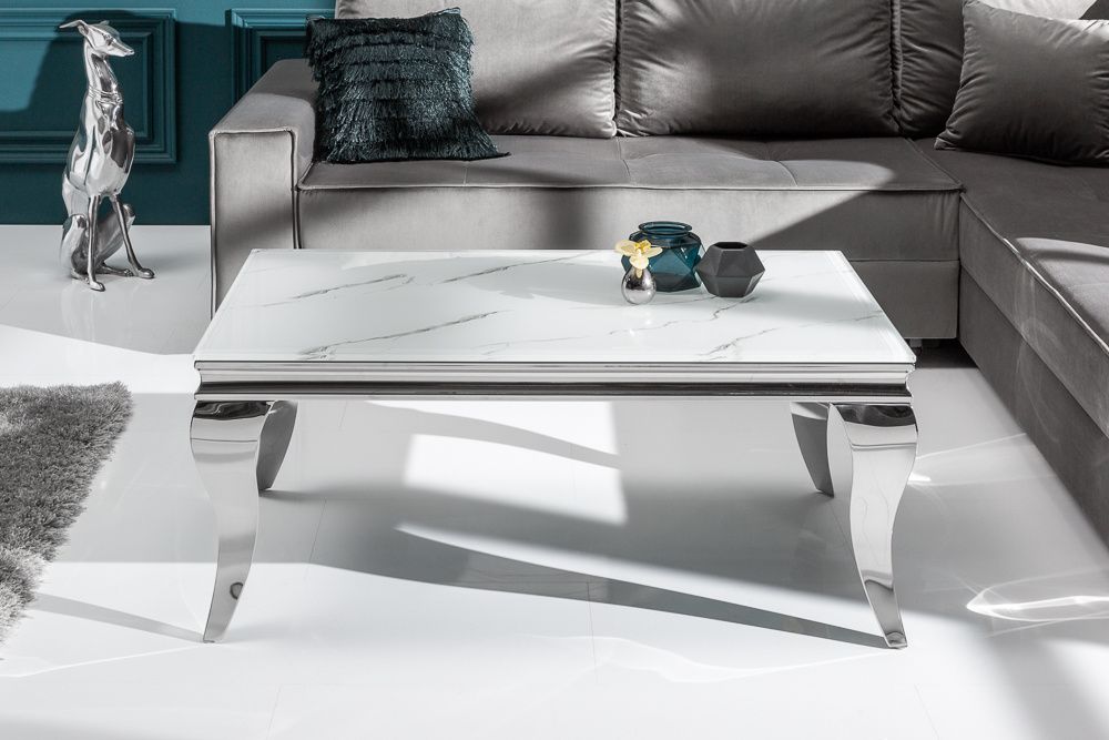 MODERN BAROQUE Salontafel 100 cm – Glazen blad in marmerlook met roestvrijstalen poten | Invicta Interior