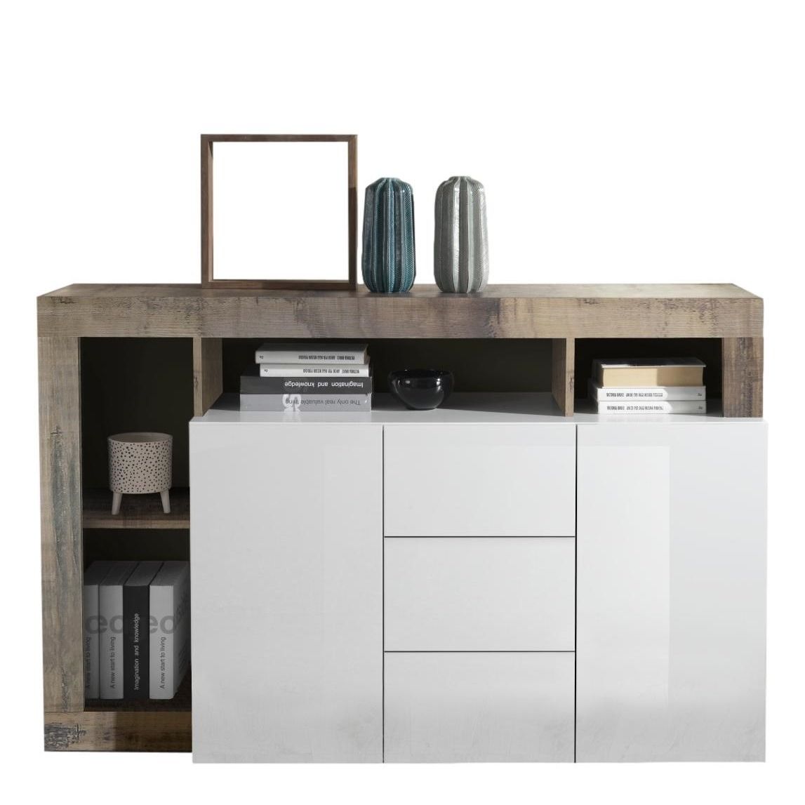 Modern Dressoir Hamburg – 146 cm, hoogglans wit met eikenaccent, 2 deuren en 3 lades