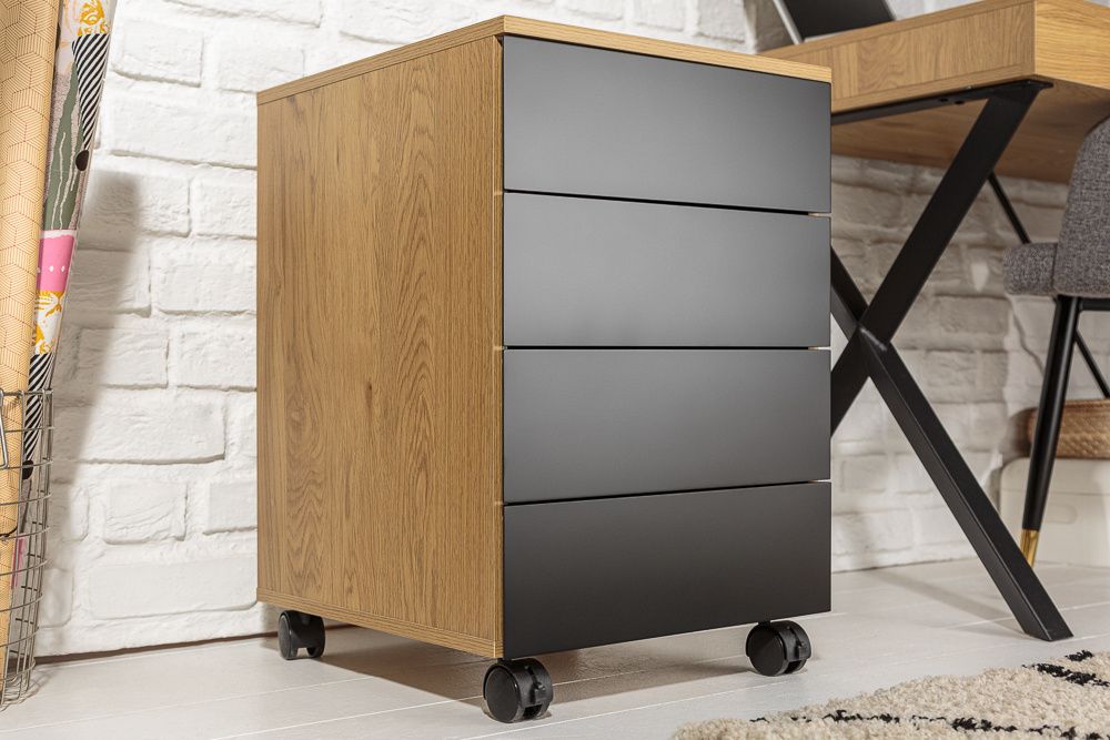 Modern rolcontainer STUDIO 40 cm zwart eikenlook – 4 lades – Invicta Interior