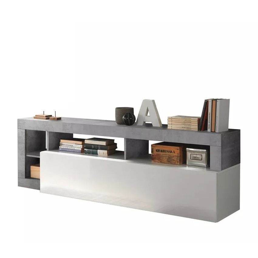 Modern tv‑meubel Hamburg – 184 cm breed, hoogglans wit met betonnen accent