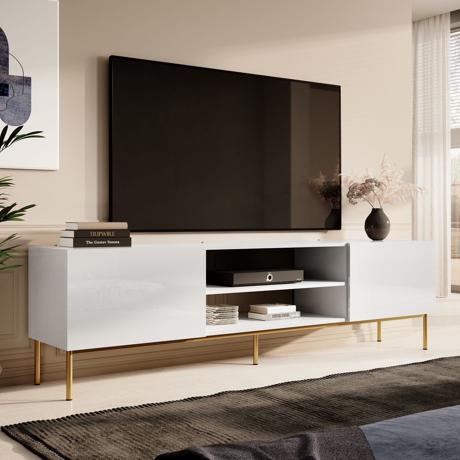 Modern TV-meubel Slide – 200 cm breed, hoogglans wit met gouden poten