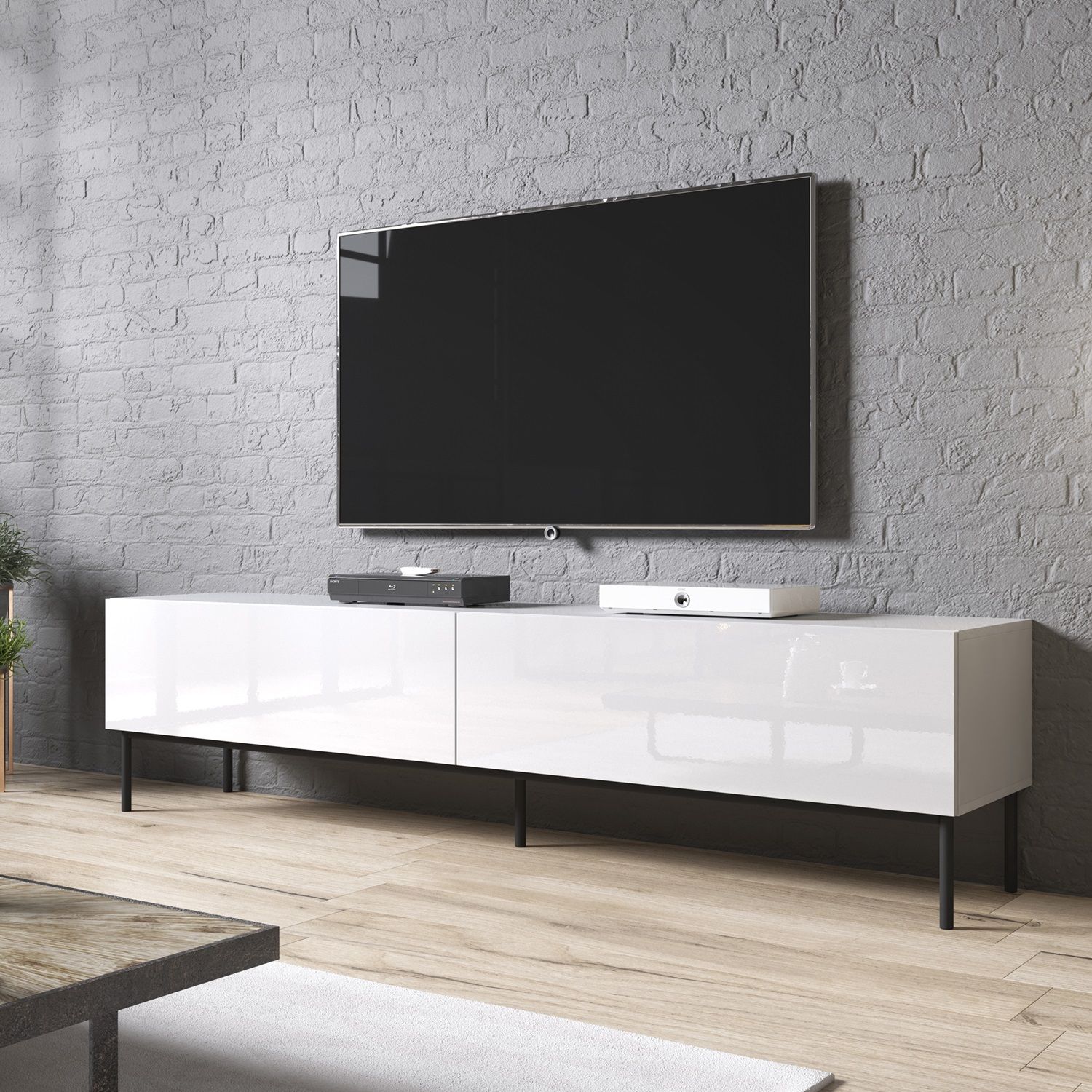 Modern tv-meubel Slide 2D – 200 cm, hoogglans wit met zwarte poten