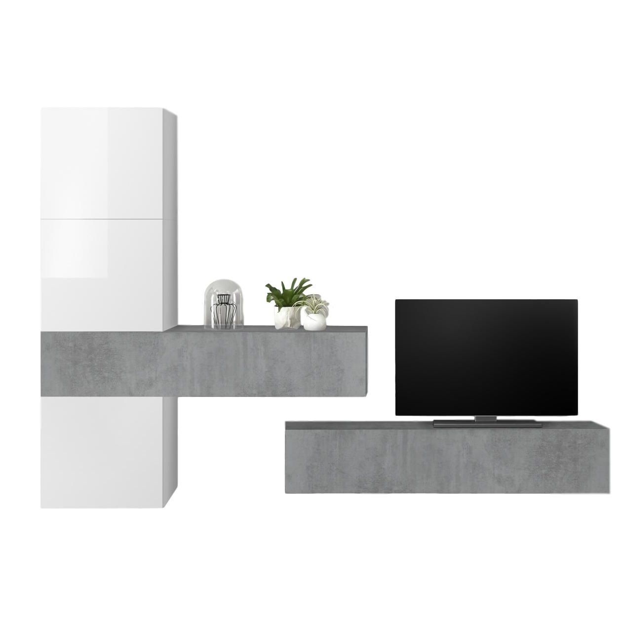 Modern TV‑wandmeubel Bruno – Hoogglans wit met betonaccent