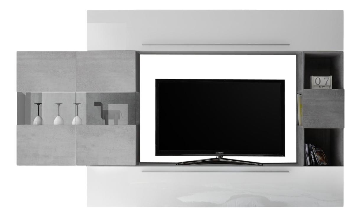 Modern TV‑wandmeubel set King – Hoogglans wit met grijze betonaccenten