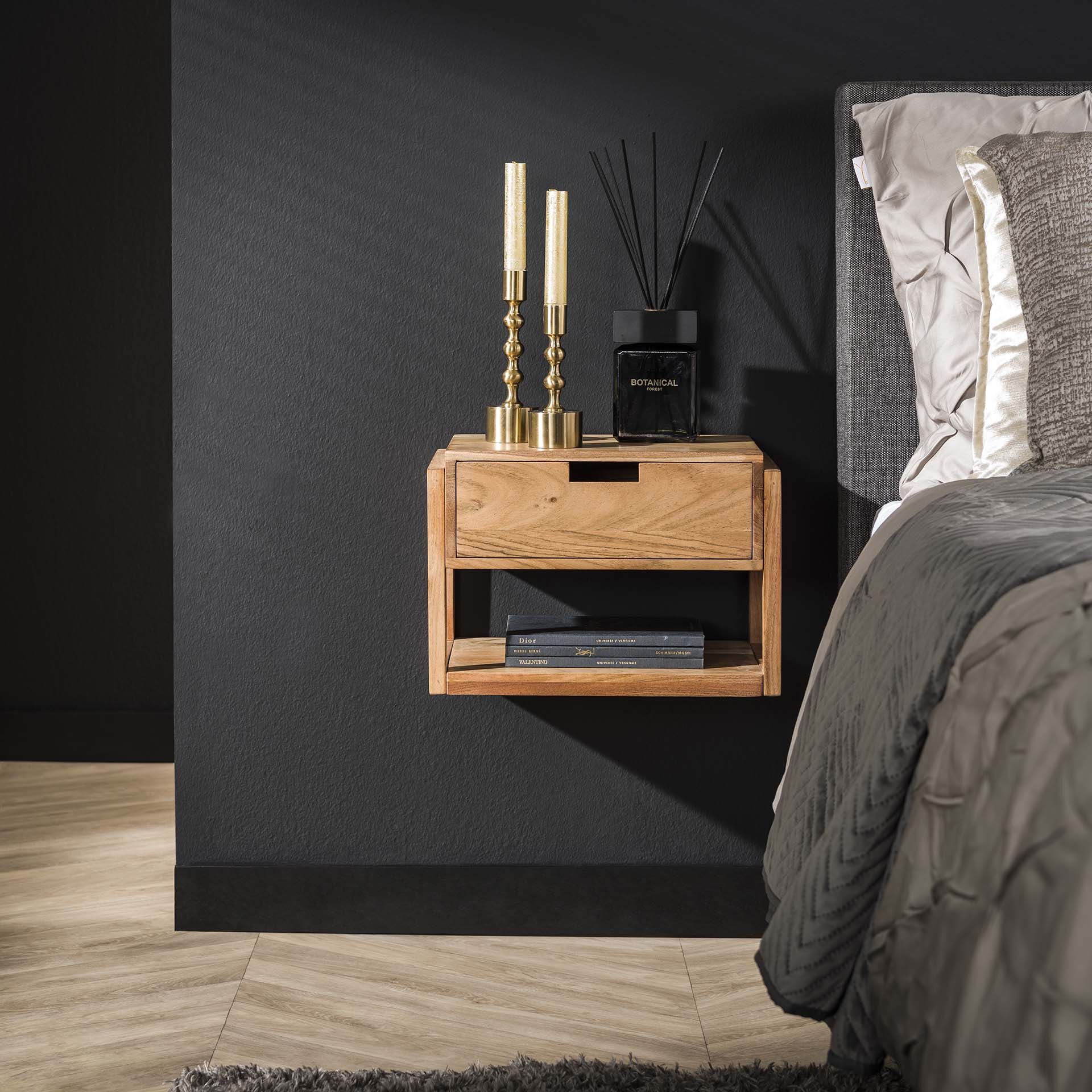 Modern zwevend nachtkastje Grover – strak design in massief acaciahout