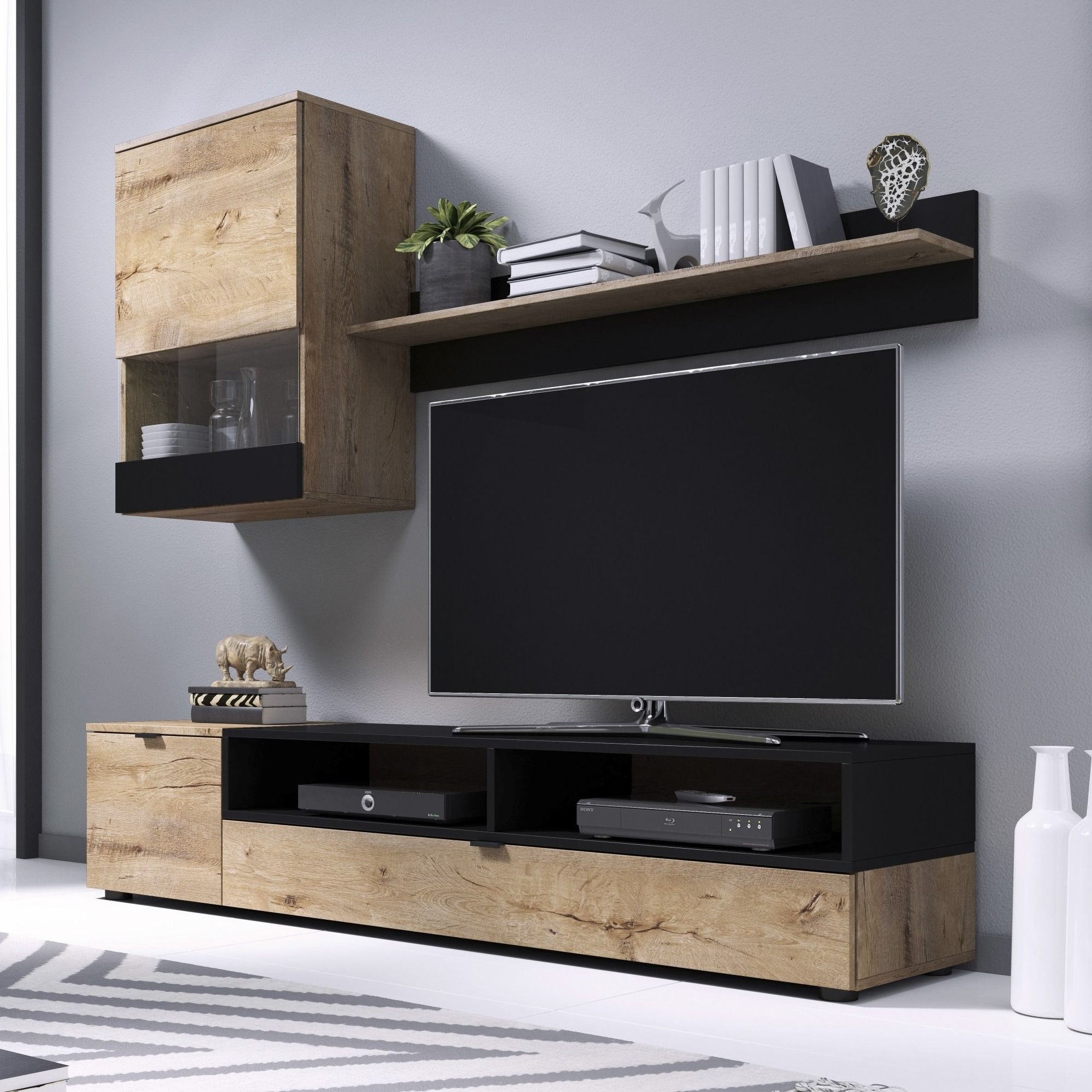 Moderne 3‑delige tv‑wandmeubel in eiken en mat zwart – stijlvolle ruimtebesparing voor elk huis