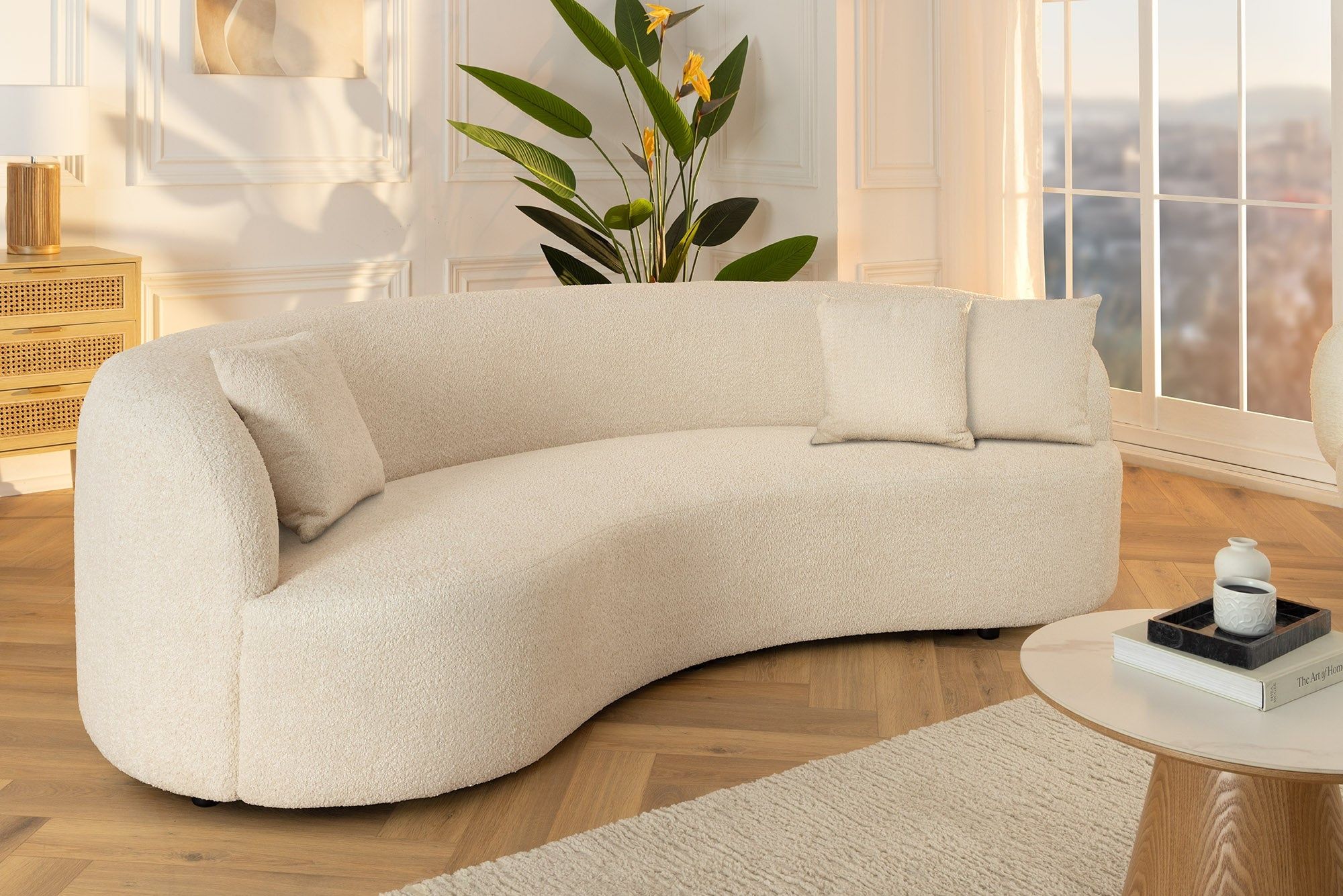 Moderne 3‑zits bank ATELIER – 230 cm, beige bouclé, inclusief kussens