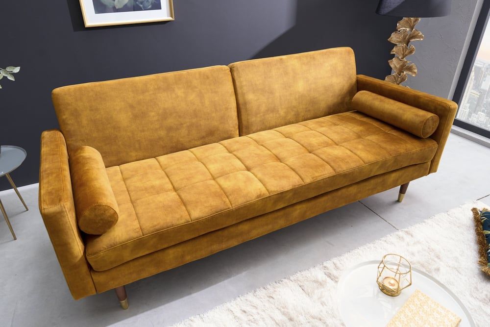 Moderne 3‑Zits Slaapbank COUTURE – Mosterdgeel Microvelours van Invicta Interior