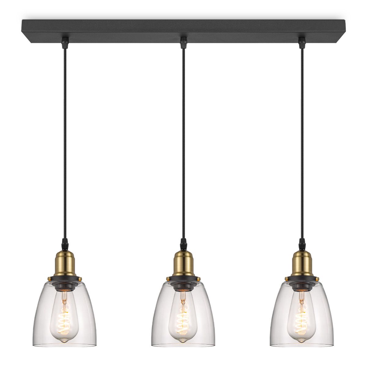 Moderne Industriële Hanglamp met Drie Heldere Glazen Kapjes – Ø65 × 128 cm