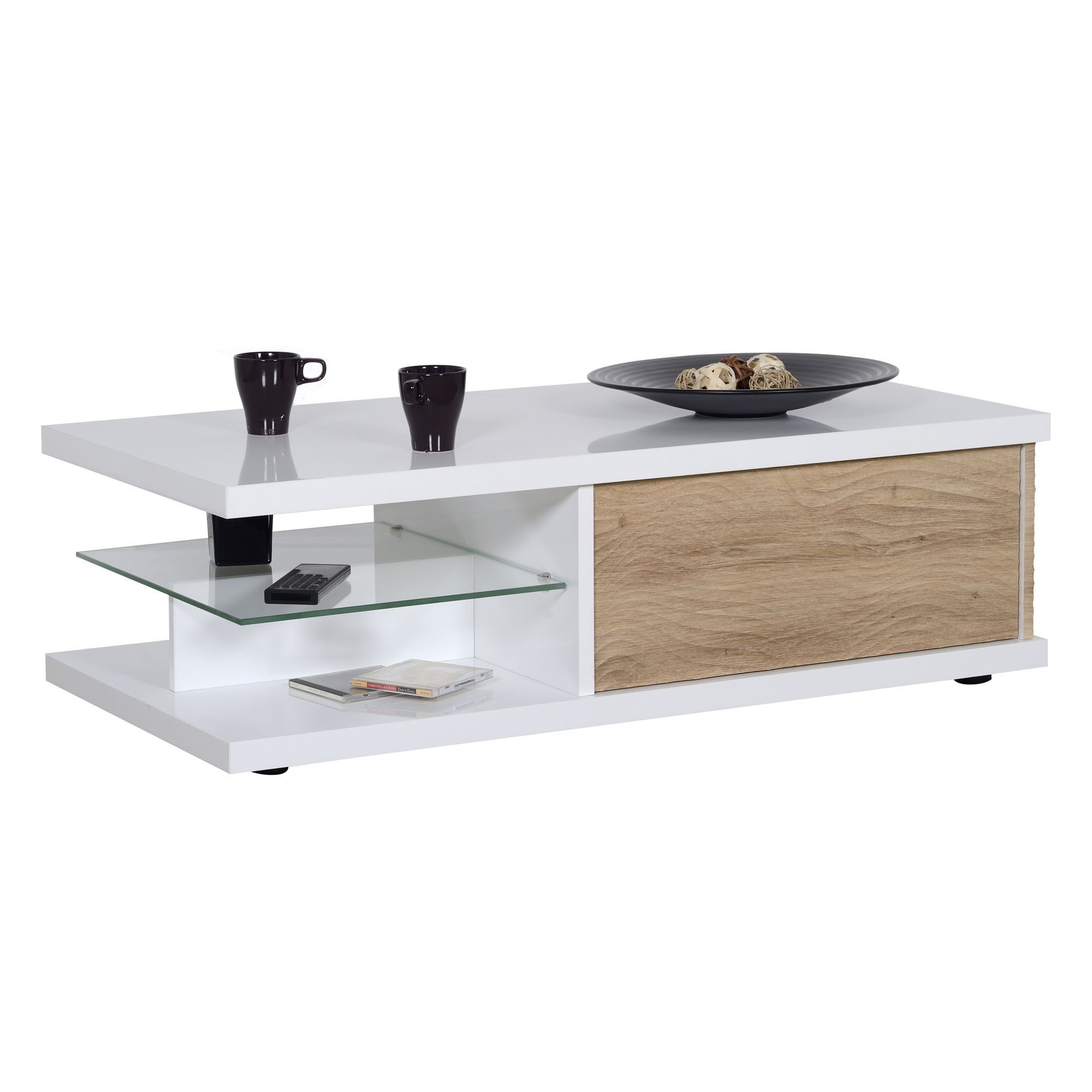 Moderne Salontafel Karma 120 cm – Hoogglans wit & eiken