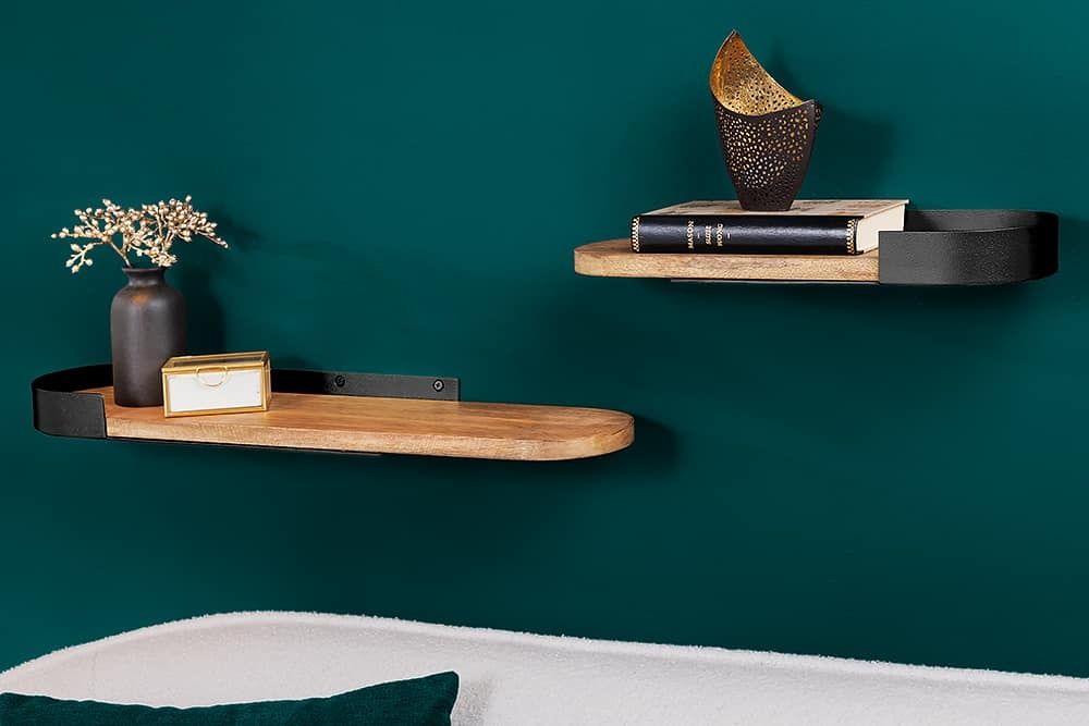 Moderne set van 2 wandplanken PURE NATURE – zwart mangohout & massief metaal