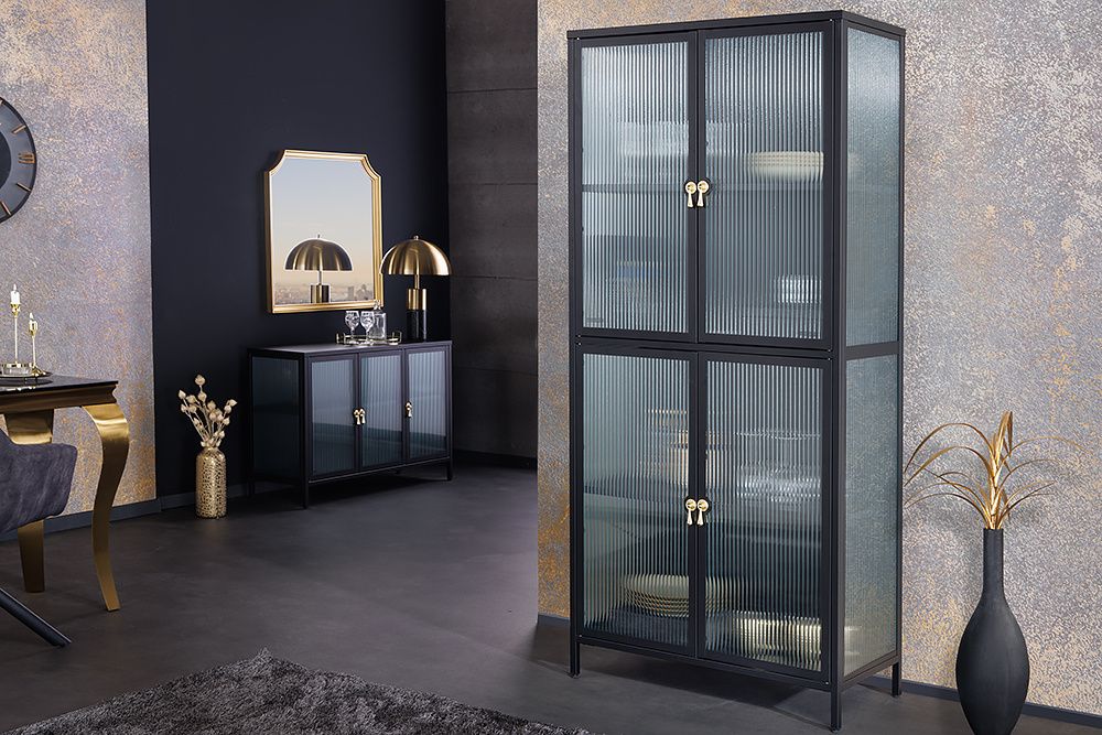 Moderne vitrinekast AMSTERDAM – 180 cm zwart‑gouden design voor een stijlvolle display