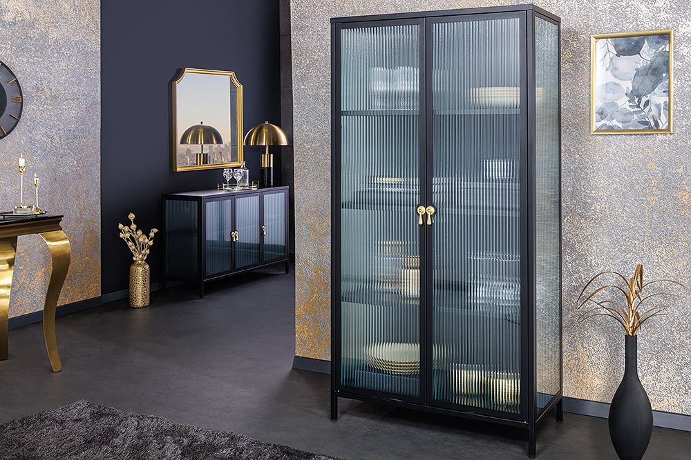 Moderne vitrinekast AMSTERDAM – strak highboard in zwart‑goud