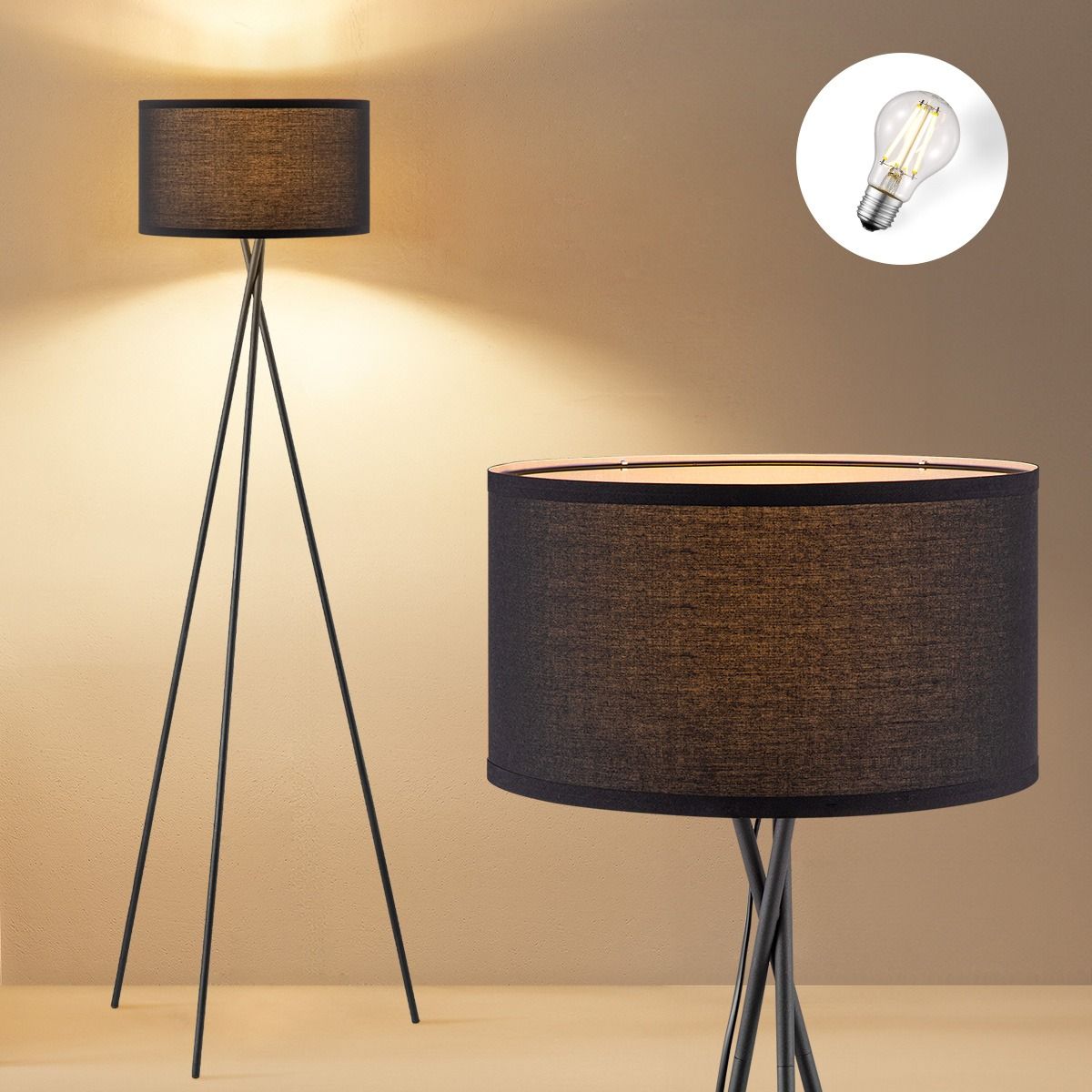 Moderne zwarte vloerlamp met stoffen kap – stijlvol en functioneel