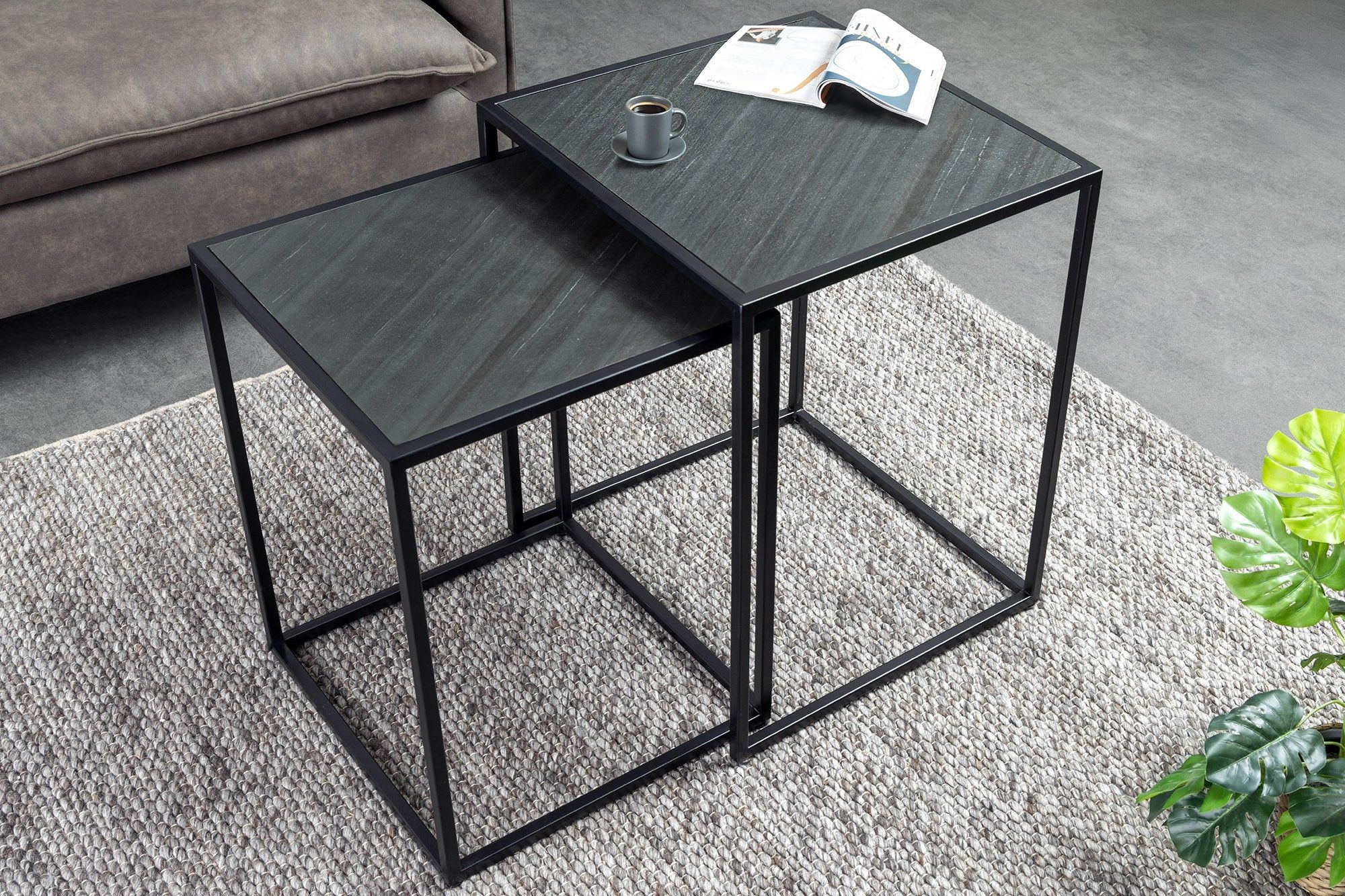 Mountain Soul bijzettafels – Set van 2, 60 cm, zwart, natuursteen & metaal | Invicta Interior
