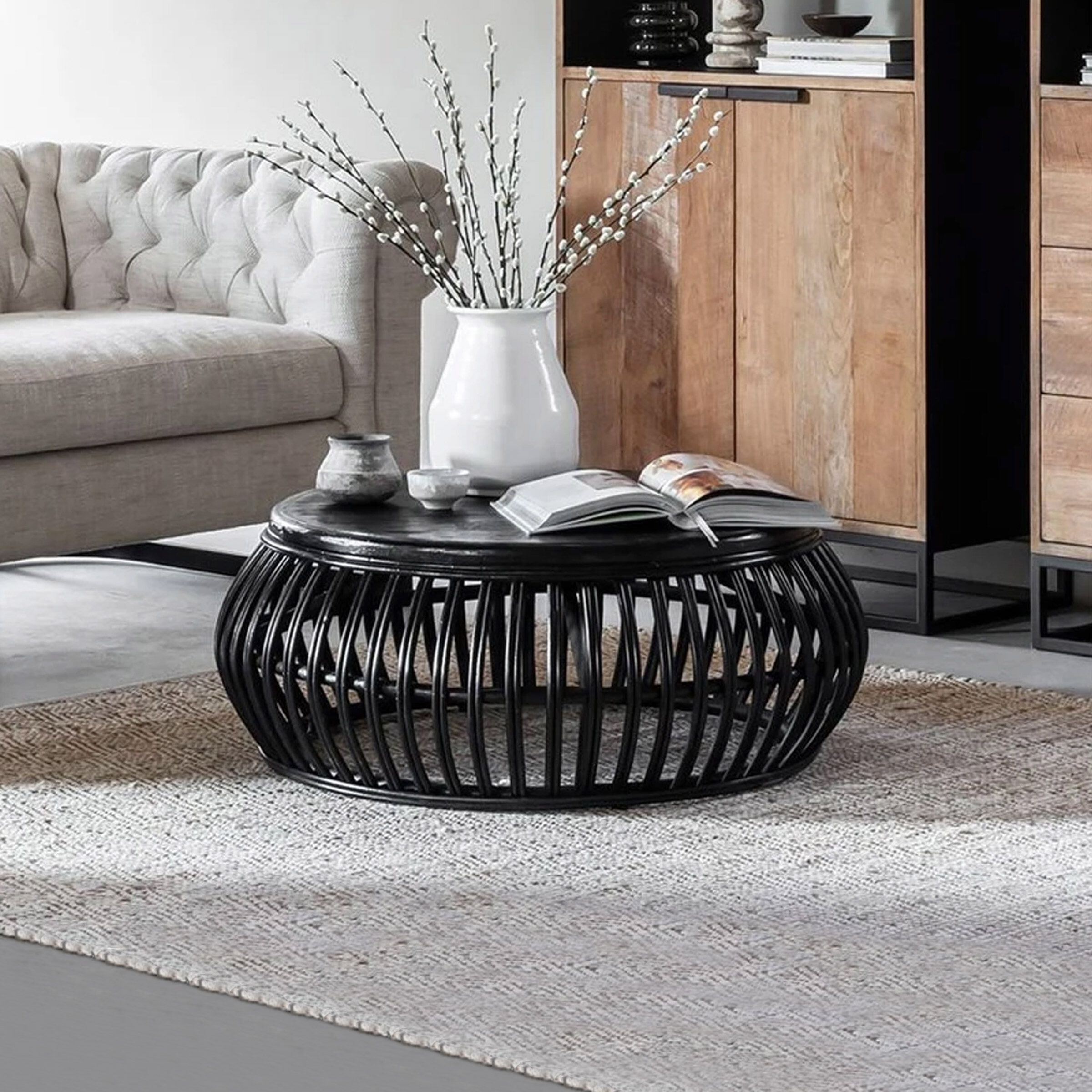 MUST Living Salontafel Positano – Zwarte ronde rotan tafel 90 cm
