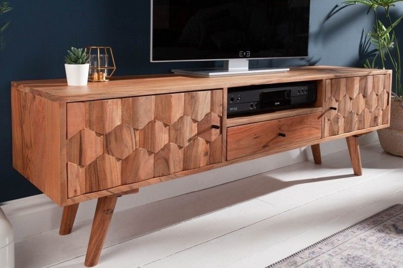 Mystic Living TV‑meubel 140 cm – Natuurlijke Acacia met 3D‑oppervlak