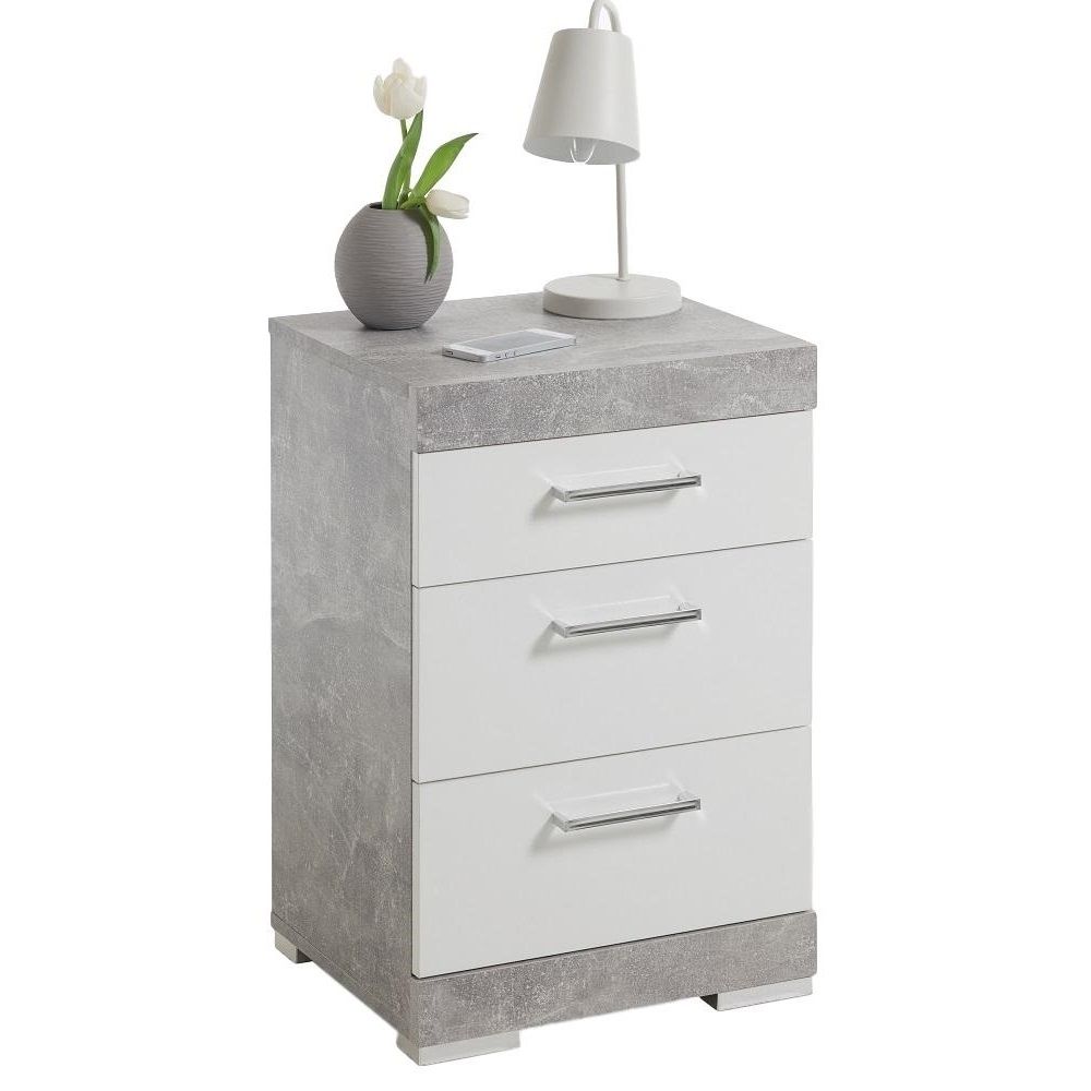 Nachtkastje Bristol 64 cm – modern grijs‑beton met wit accent