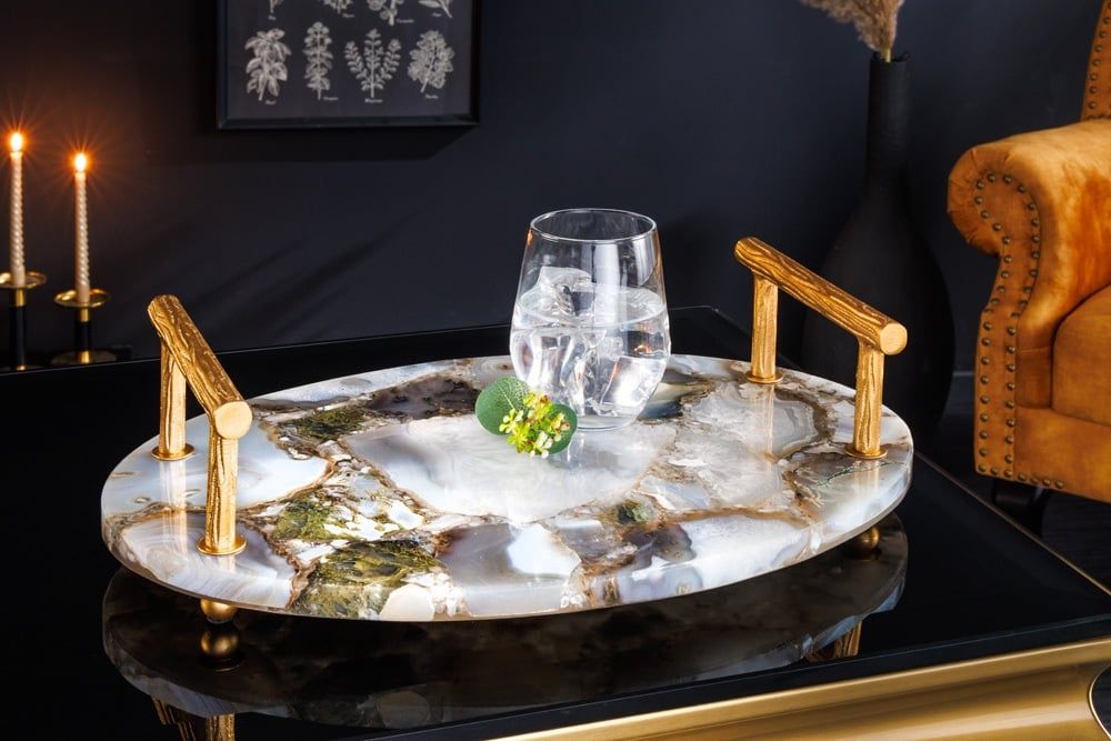 Nobele Agaatkwarts Dienblad met Gouden Handvatten – 40 cm