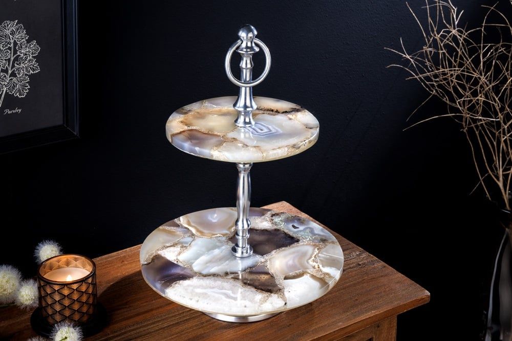 Noble 35 cm decoratieve taartstandaard – handgemaakt agaatkwarts in zilver